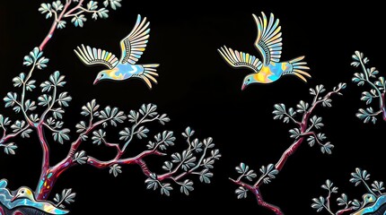 Elegant Korean lacquerware art with cranes and floral patterns on black background