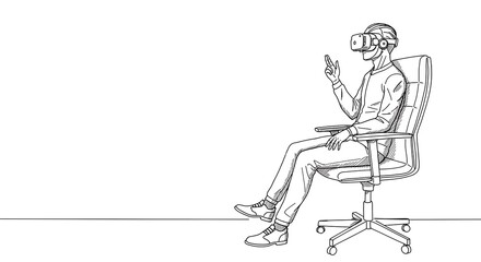 futuristic office scene with a high tech chai, virtual reality headset, and artificial intelligence assistant, subject seated on the righ