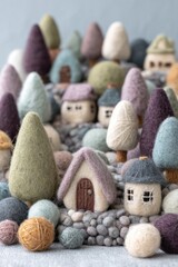A charming miniature landscape crafted from felted wool, featuring a quaint village nestled amidst a forest of stylized trees.