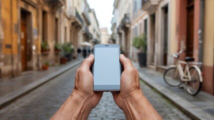 Hands holding smartphone on a European street
