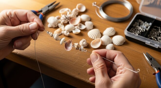 Hands threading a shell necklace on a wooden worktable with jewelry making tools. - Powered by Adobe