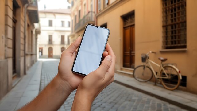 Hands holding smartphone in a European street with bicycle - Powered by Adobe