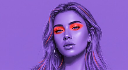portrait of a beautiful woman with neon makeup and hairstyle, positioned at the bottom of the frame with soft lavender tone, ideal for a photo with clear copy space at the top