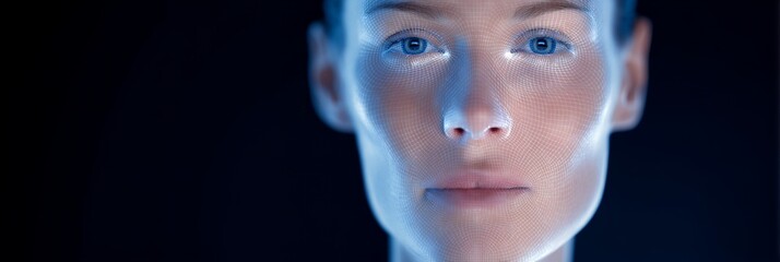 Biometrical facial recognition, womans face with blue scanner grid