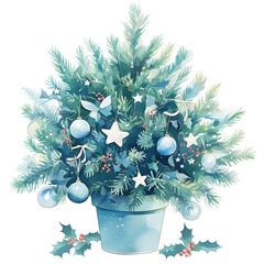 Beautifully decorated watercolor christmas tree with blue ornaments and star accents in a pot perfect for holiday greetings and winter celebrations