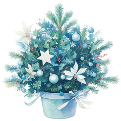 A beautifully decorated small christmas tree in a pot adorned with white stars ornaments and blue baubles creating a festive winter holiday atmosphere