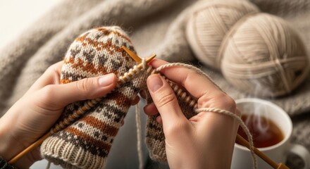 Close-up of hands knitting a colorful sock with yarn balls and tea in the background.
