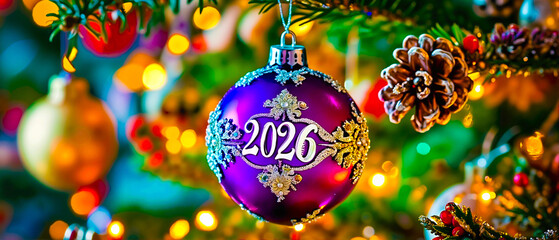 Purple Christmas Bauble 2026. Violet New Year Tree Ornament. Sparkling Purple Holiday Ball. Trendy Christmas Decoration.