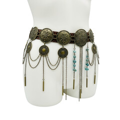 Ornate antique metal belly chain with dangling charms isolated on transparent background