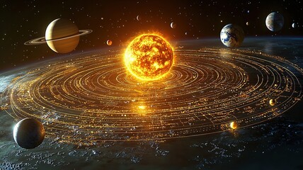 High-definition solar system illustration with all planets and sun in correct order on black background
