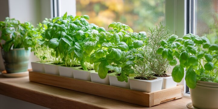 Window sill with a wooden tray holding several potted plants