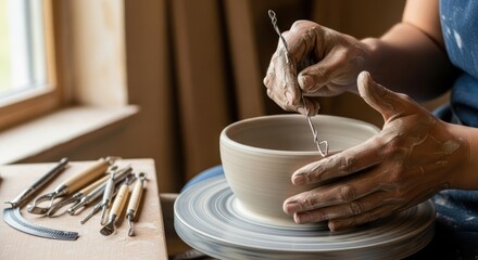 A potter's hands shaping a clay bowl on a pottery wheel with various tools nearby in a well-lit