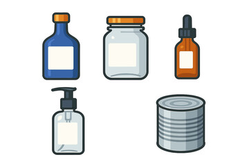 Assortment of blank product containers including bottles, a jar, and a tin can for branding and packaging design