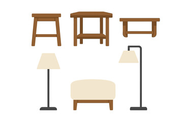 Assortment of wooden stools, side tables, benches, and contemporary floor and table lamps for interior decoration