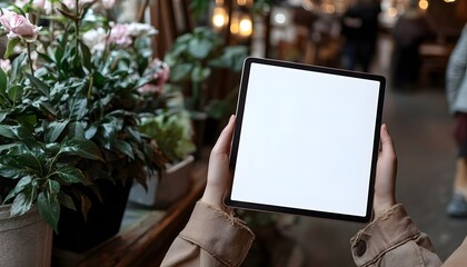 Woman at a cafe with a digital tablet with a blank screen.