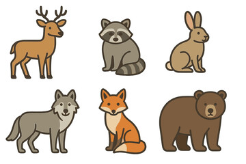 Adorable wild forest animals collection with deer, raccoon, rabbit, wolf, fox, and bear in minimalist style