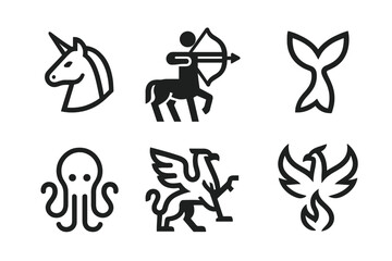 Mythical creatures and sea animals collection with unicorn, centaur, mermaid, octopus, griffin, and phoenix