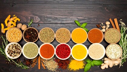 Colorful spices in small bowls on a dark wood table