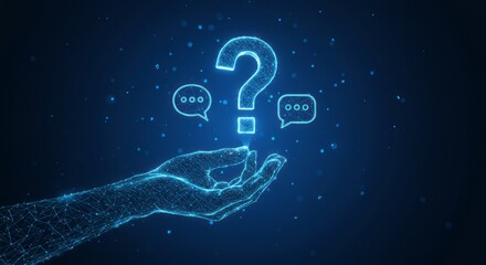 Hand holding chat bubbles with question mark — customer support and FAQ assistance — blue technology background — vector illustration
