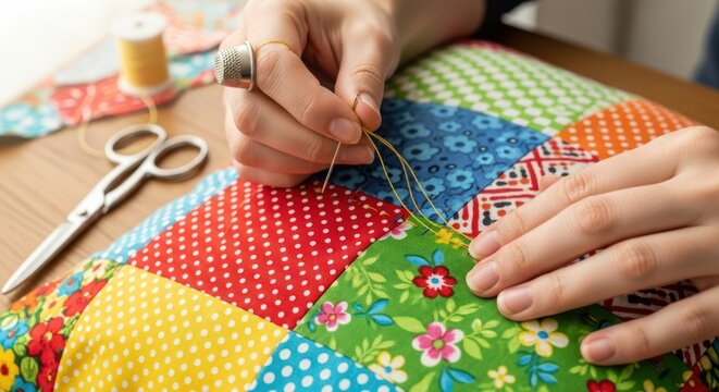 Close-up of hands sewing a colorful patchwork quilt with needle and thread on a wooden table.