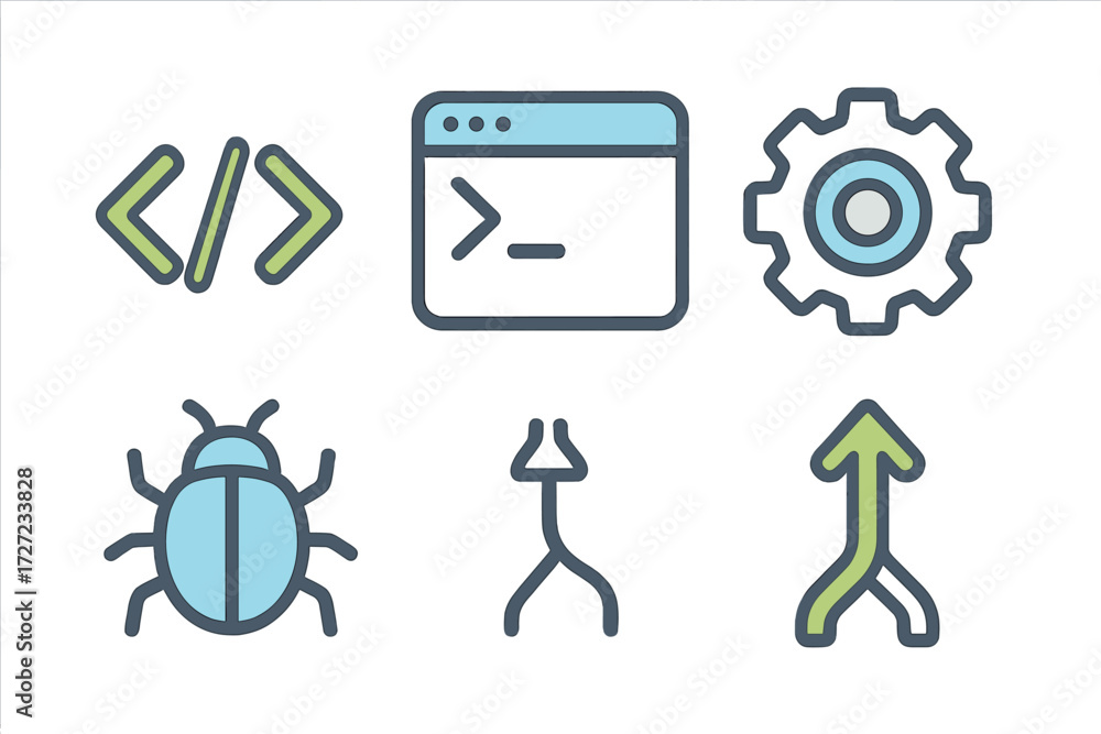 Wall mural essential software development icons including programming code, terminal, settings, bug, and versio