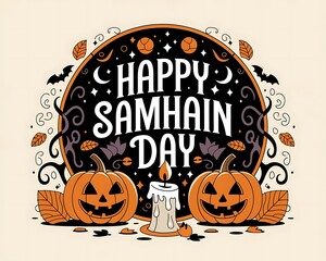 Happy samhain day poster with carved jack o lantern pumpkins, candle flame, crescent moon and swirling autumn leaves, spooky harvest motifs, ideal for festival posters, banners and social media