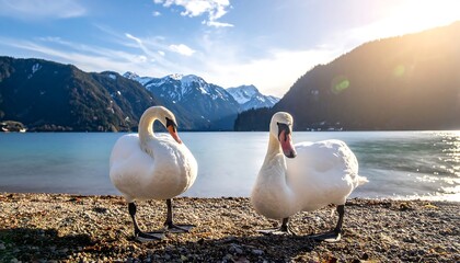 Two Swans Lakeshore Mountain Backdrop