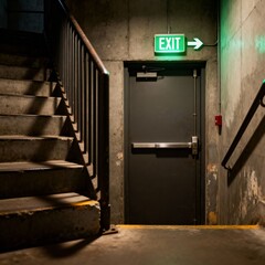 어두운비상계단녹색대피로표시