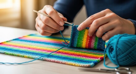 Close-up of hands knitting a colorful striped fabric with yarn and needles on a table.