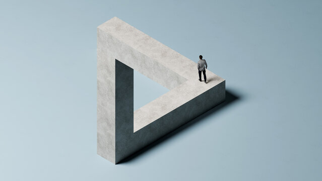 Man Walking on Impossible Penrose Triangle Path - Symbol of Paradox, Illusion, and Complex Challenges 3D Render