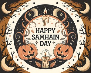 Happy samhain day poster with carved jack o lantern pumpkins, candle flame, crescent moon and swirling autumn leaves, spooky harvest motifs, ideal for festival posters, banners and social media