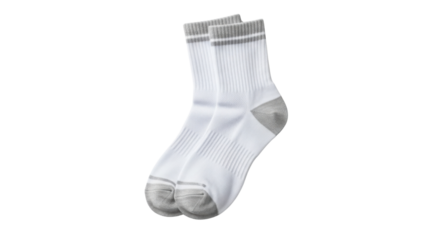 Pair of white socks with grey trim for athletic or everyday wear isolated PNG with Transparent Background