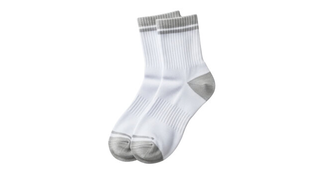 Pair of white socks with grey trim for athletic or everyday wear isolated PNG with Transparent Background