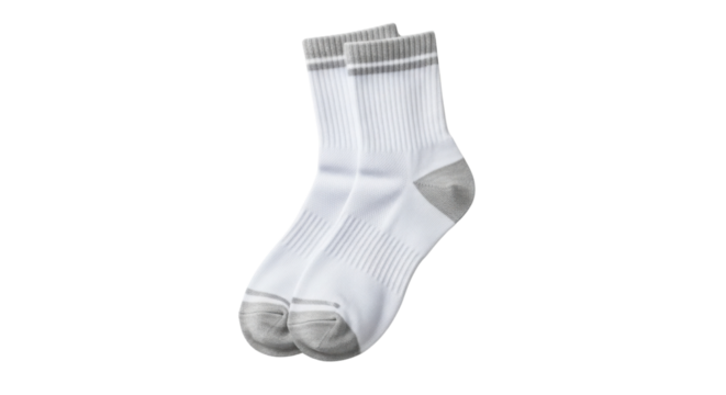 Pair of white socks with grey trim for athletic or everyday wear isolated PNG with Transparent Background
