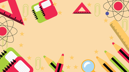 Creative school background featuring colorful pencils rulers notebooks paper clips and science icons on beige backdrop perfect for education themes posters covers and invitations