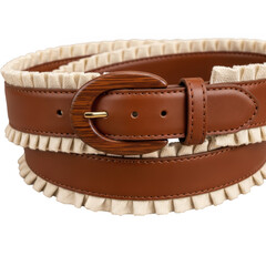 Brown leather belt with white ruffled trim isolated on transparent background