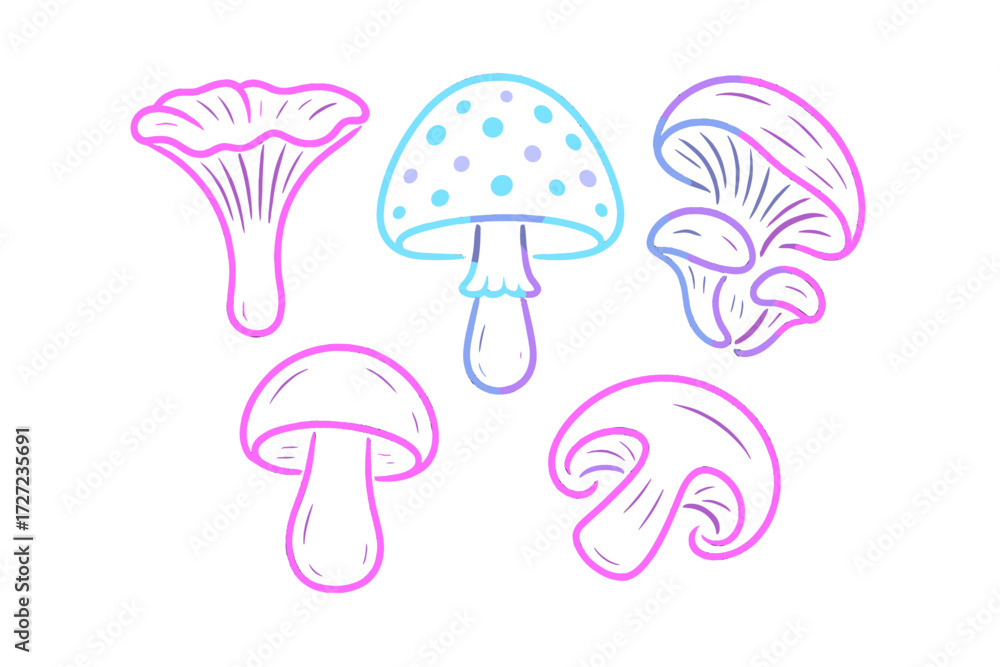 Poster assortment of stylized mushroom outlines with modern gradient color transitions on a clean white bac