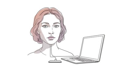 womans head with a computer connected to it positioned at the top of the image with pastel tone, ample copy space at the botto, photo, black and white minimalist sketch