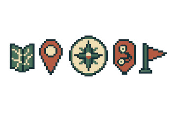 Retro pixelated navigation symbols including folded map, location pin, compass, route, and destination flag