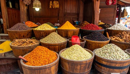 Colorful spices in wooden barrels at market