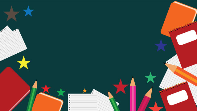 Colorful school background featuring pencils notebooks lined paper and stars on dark green backdrop perfect for education projects posters covers invitations and creative designs