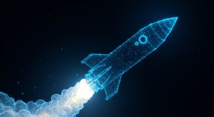 Close-up wireframe rocket engine — speed and acceleration concept — blue technology background — digital vector illustration