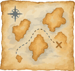 Vector watercolor cartoon illustration of an old pirate map with treasure
