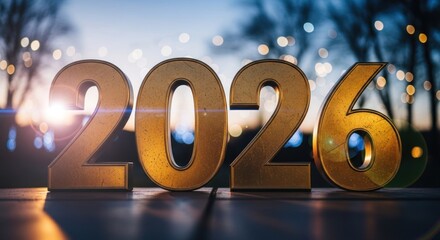 Golden "2026" numbers on wood, festive lights blurred in the background