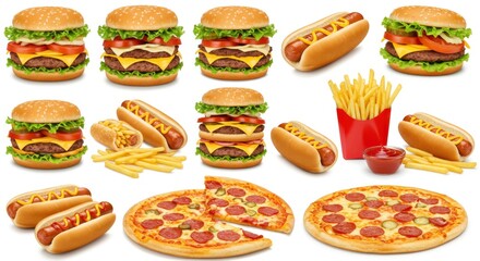 Assorted fast food items, including hamburgers, hot dogs, french fries, and pizza, are showcased against a white background.