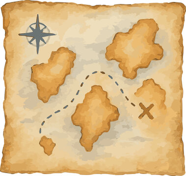 Vector watercolor cartoon illustration of an old pirate map with treasure