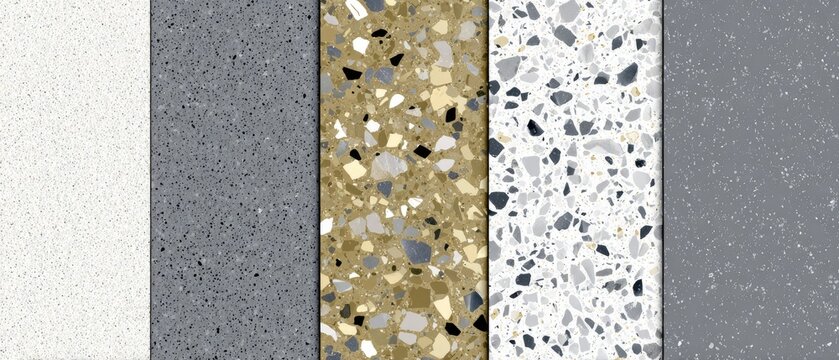Close-up view of five vertical samples showcasing various terrazzo patterns in different color palettes, ranging from light to dark grey and beige tones, with varying chip sizes and distributions