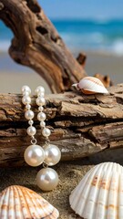 Pearl earrings on driftwood by the ocean