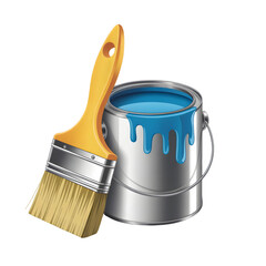 Paint can with blue paint and brush isolated on transparent background