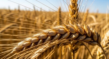 Golden wheat field detail, ripe grain heads ready for harvest against clear sky